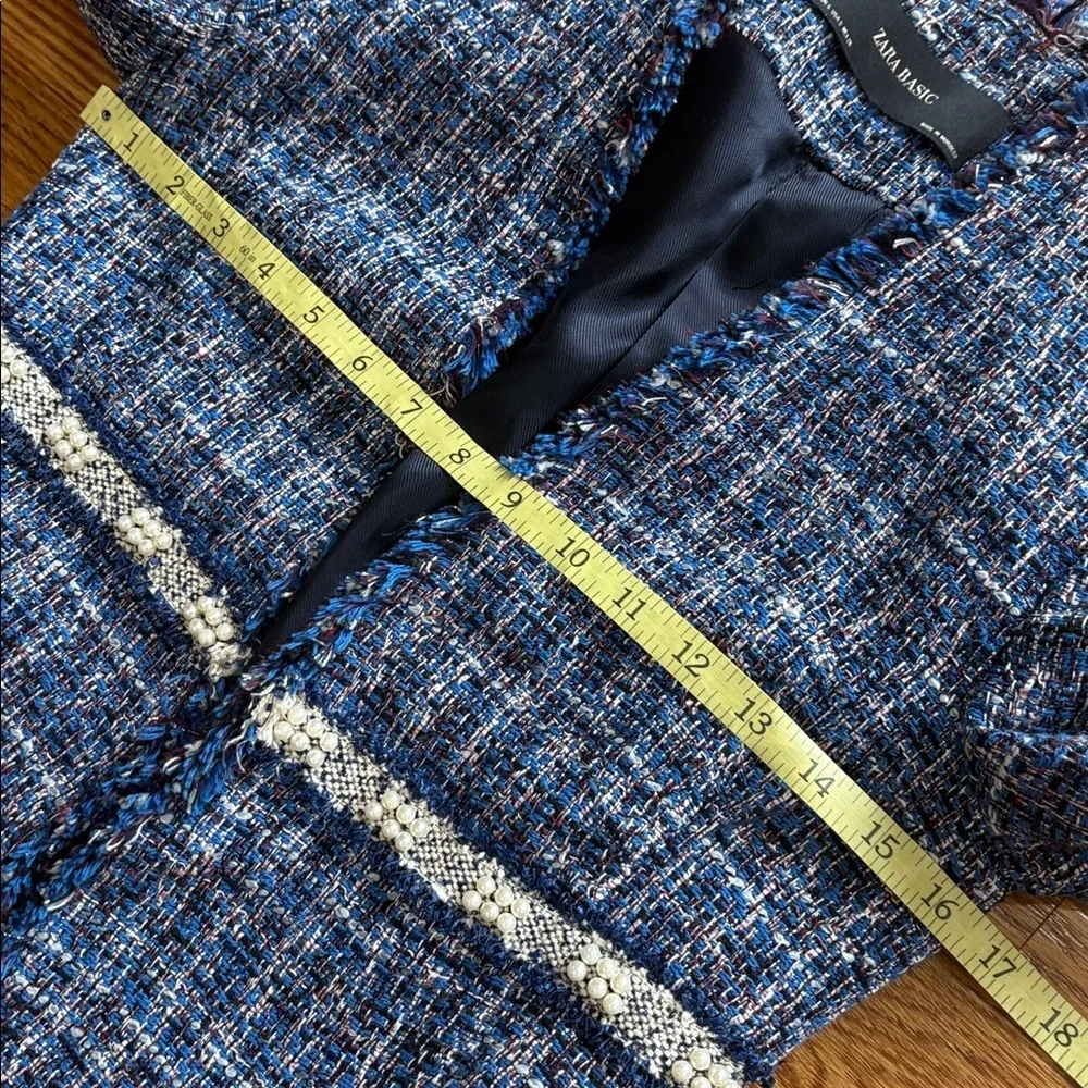 Zara Women's Blue Tweed textured Jacket blazer pearl accents hook closure S